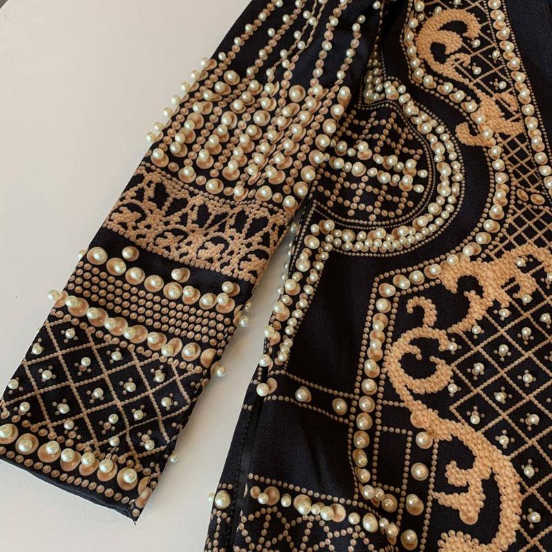 Women's Black Pearl Embellished V-Neck Long Sleeve Vintage Blazer Jacket Autumn Outwear B4