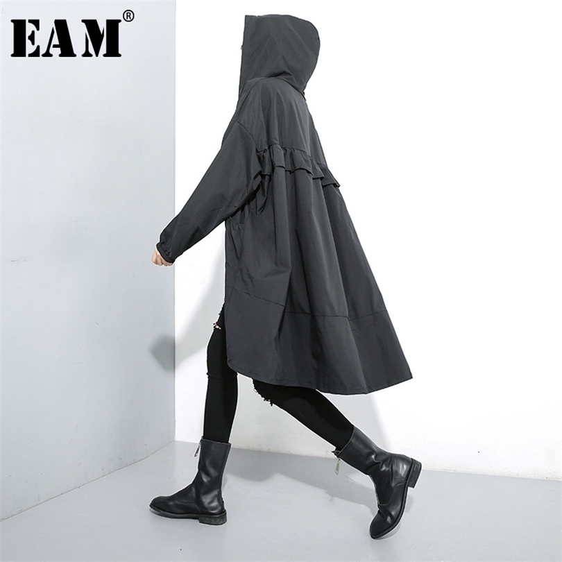 EAM Women Black Ruffles Big Size Thin Trench New Hooded Long Sleeve Loose Fit Windbreaker Fashion Spring Autumn 1M007 201111