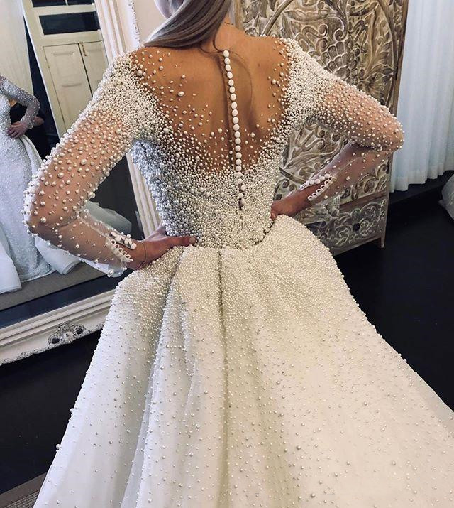 Luxurious Crystal Pearls Princess Wedding Dresses with Detachable Train Illusion Long Sleeve Sheer Neck Church Bridal Gowns Plus Size