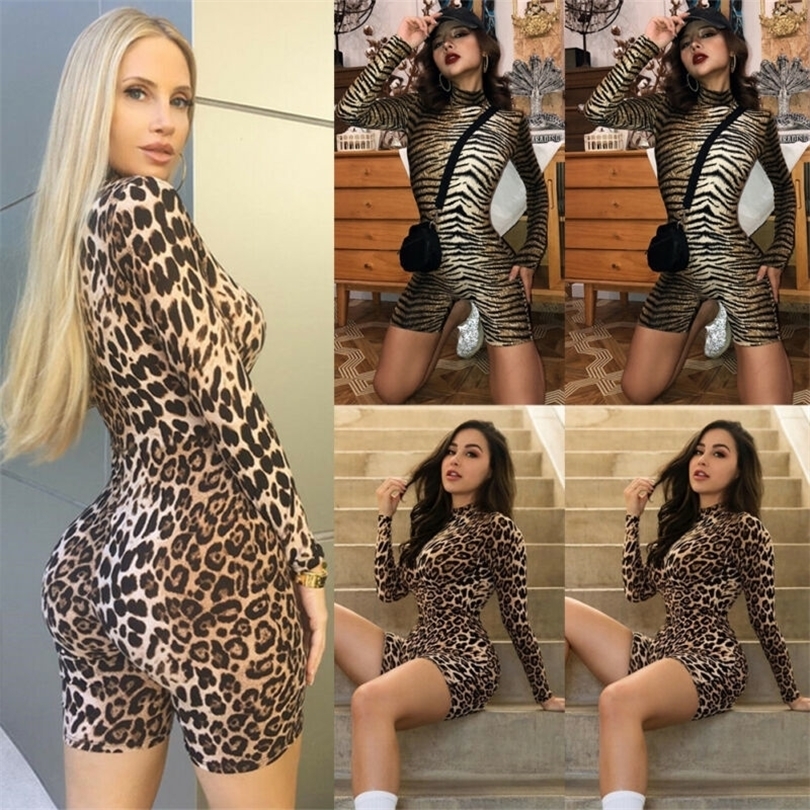 Women Sexy Leopard Print Long Sleeve Turtle Neck Body suit Leotard Playsuit Casual Club Party Jumpsuit Romper T200527