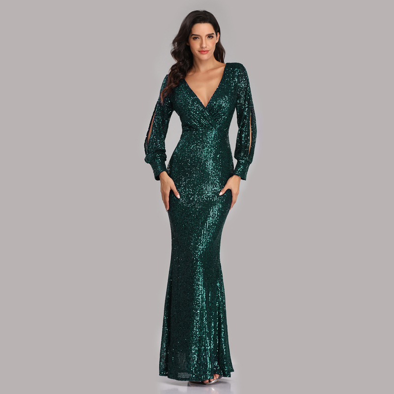 Sexy V-neck Mermaid Evening Dress Long Formal Prom Party Gown Full Sequins long Sleeve Galadress Vestidos Women Dresses 220510