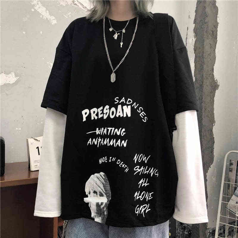NiceMix Black Letter Print Tshirt Loose Punk T-Shirts Womens Autumn High Street T Shirts Funny Long Sleeve Streetwear Gir 220321