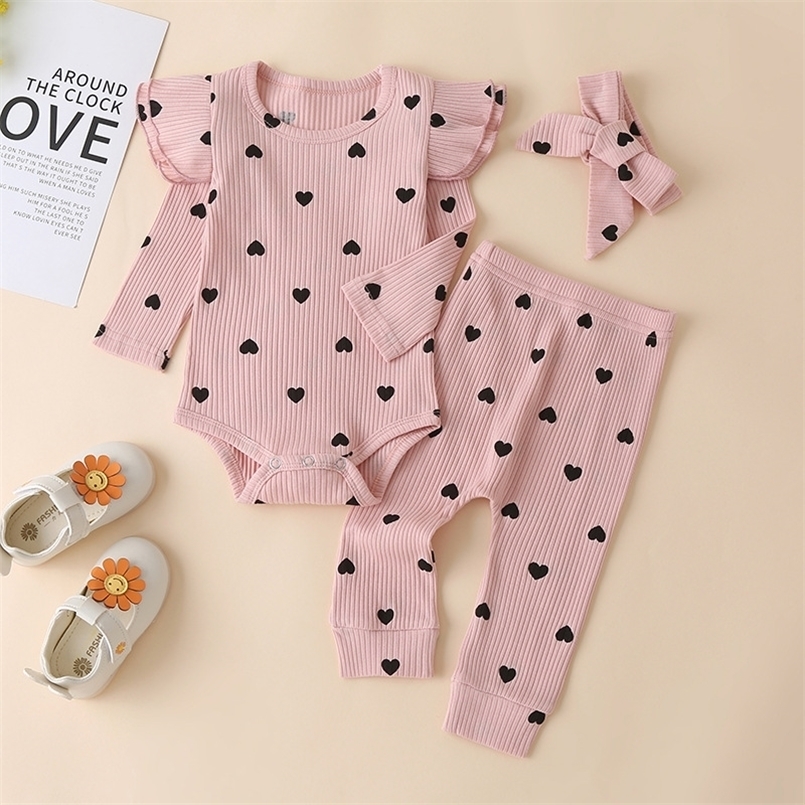 3Pcs Baby Girl Outfit Set born Toddler Girls Clothes Ruffle Heart Print Long Sleeve Romper Bodysuit PantsHeadband Infant 220607