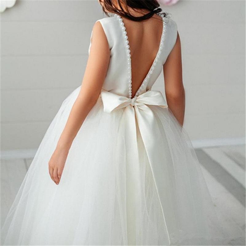 White Flower Girls' Dresses Lace Ruffles Appliques Sequins Satin Tulle Lace Rufflls Sleeveless High Neck Appliqued Backless Floor Length Custom M