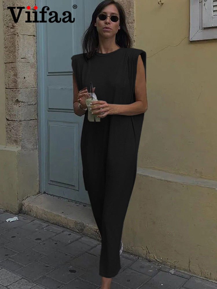 Viifaa Sleeveless Shoulder Pad Casual Black Elegant Long Dress Streetwear Women Loose Robe Split Back Summer Midi Dresses 220426