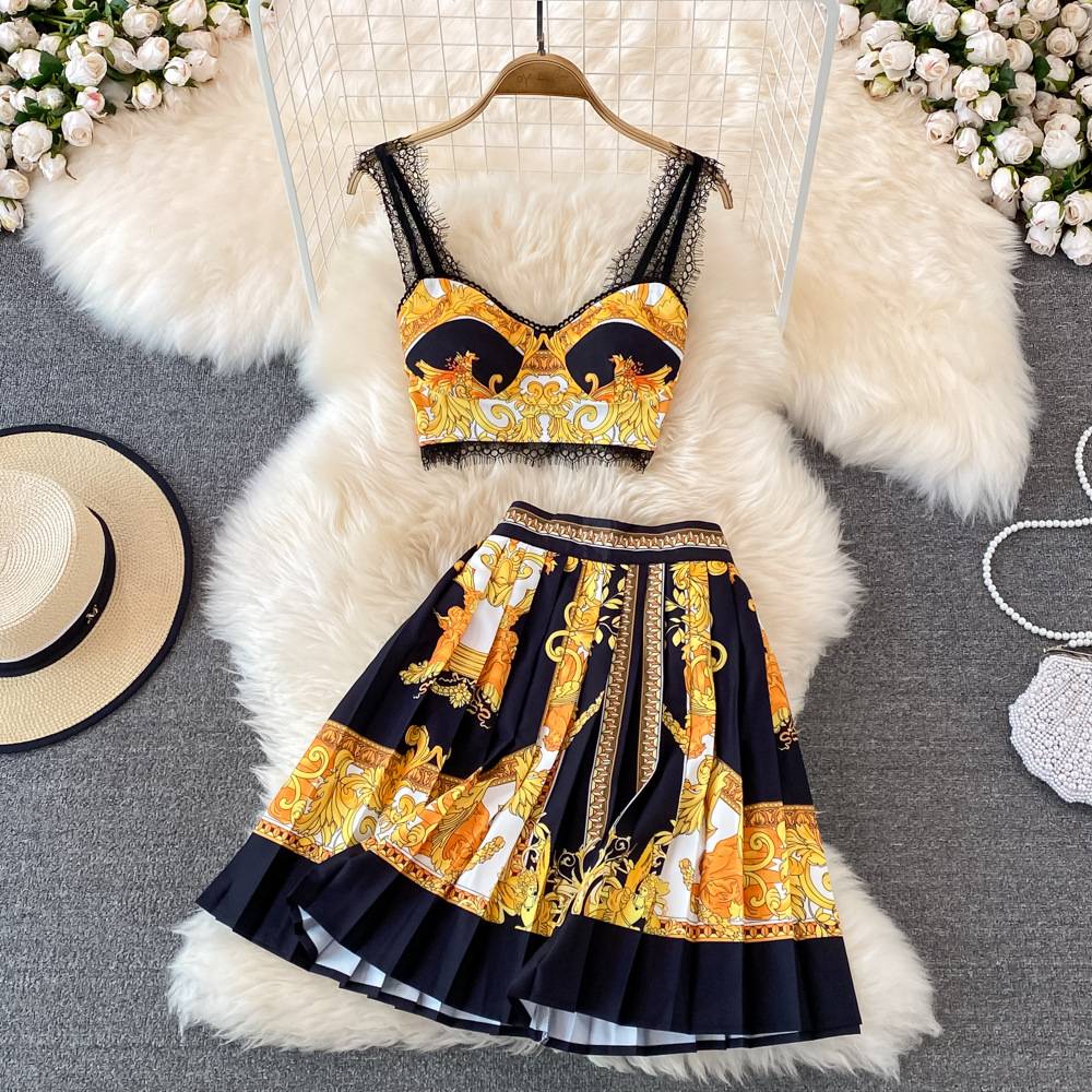 Baroque Print Women Two Piece Dress Sexy Lace Suspender Top And Mini Pleated Skirt Outfits Casual Vacation Beach Woman Suit Sweet Chic 2022 Fashion Designer Sets, White
Baroque Print Women Two Piece Dress Sexy Lace Suspender Top And Mini Pleated Skirt Outfits Casual Vacation Beach Woman Suit Sweet Chic 2022 Fashion Designer Sets, White