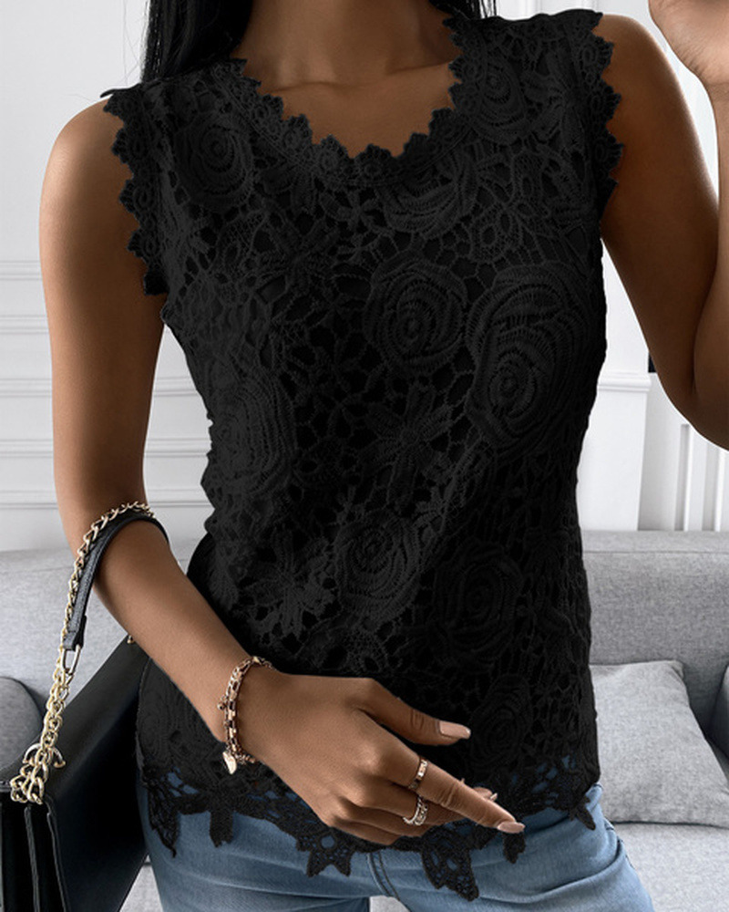 Blouse Women Fashion Casual Sleeveless Lace Summer Solid Color Round Neck Vest Shirts Loose Tops fashion S-5XL 220316