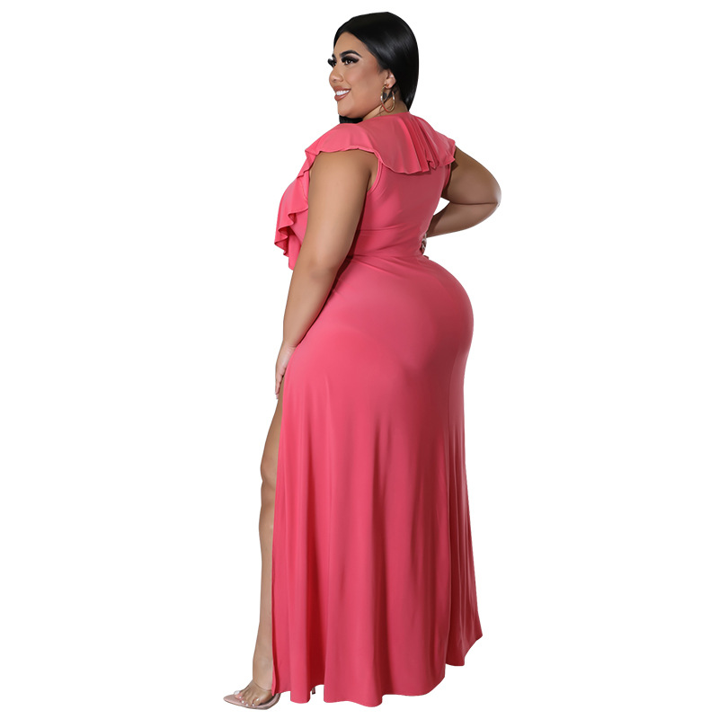 Women Sexy Plus Size Dresses A-Line Ruffle Halter Neck Split Beach Party Maxi Casual Dress Summer