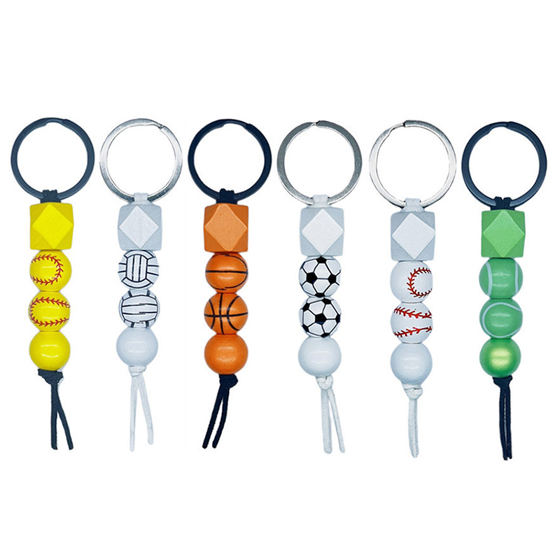 Wooden Beaded Keychain Pendant Sports Basketball Football Baseball Tassel Keychains Wooden Bead Key Chain Keyring