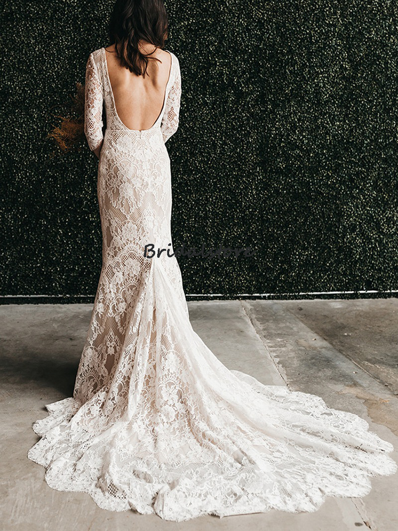2022 Long Sleeve Lace Boho Wedding Dress Elegant Plus Size Mermaid Wedding Gowns Sexy Backless Floor Length V Neck Beach Bride Second Party Guest Rece