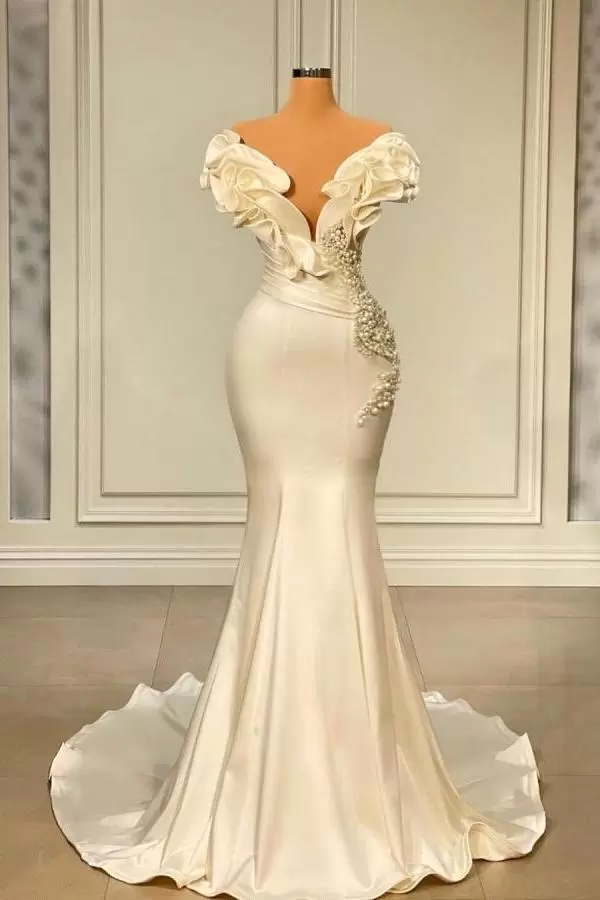 Elegant Satin Mermaid Evening Dresses Off the Shoulder Ruffles Floor Length Flowers Beaded Pearls Long Party Occasion Prom Gowns Formal Wears BC10991 