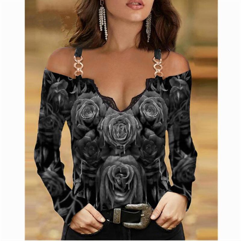 SNAKE YX Woman Tshirts Metal Shoulder Strap Long sleeved Lace Rose Print Oversized Sexy Tops Plus Fashion 220714
