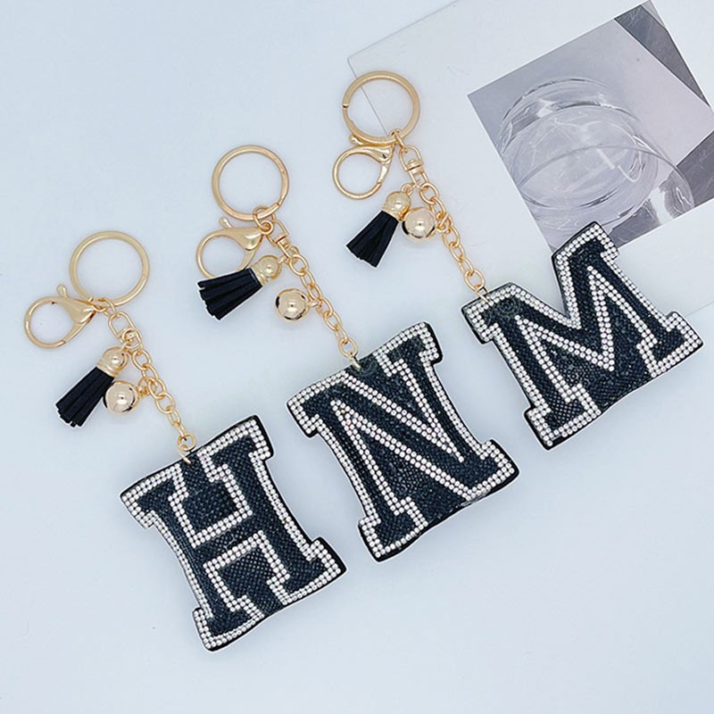 Women Keychain Alphabet Letter Rhinestone Leather Gold Color Keyring Charm Key Chain Accessories Female Car Bag Keyring Holder