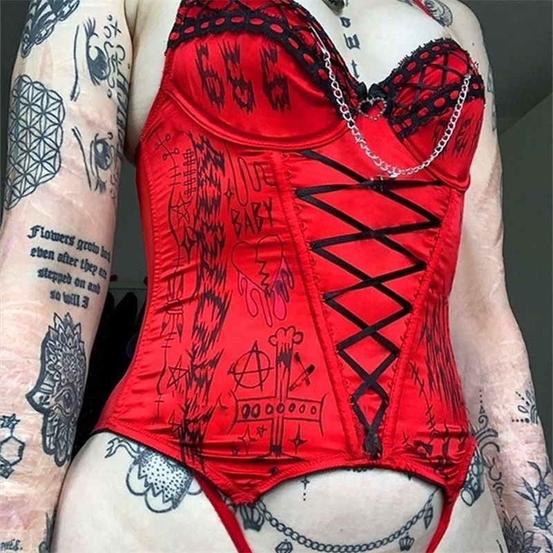 Chain Women Emo Cyber Y2k Corset Fairy Grunge Camis Red Lace Up Alt Crop Tops Punk Style Camisole Sexy Letter Print Bustier Goth 220316