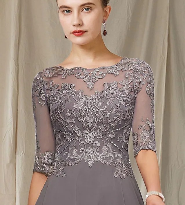 A-Line Gray Mother of the Bride Dress 2025 Vintage Jewel Asymmetrical Ankle Length Chiffon Lace Half Sleeves Robe De Soiree Vestidos Fiesta