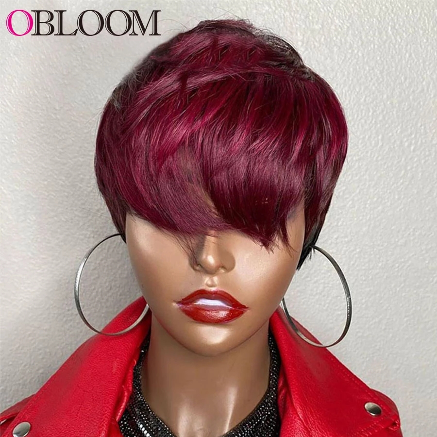 Free shipping Ombre Bury Red Color Pixie Short Cut Bob Human Hair Wigs For Black Women Brazilian Straight Wig With Natural Bangs