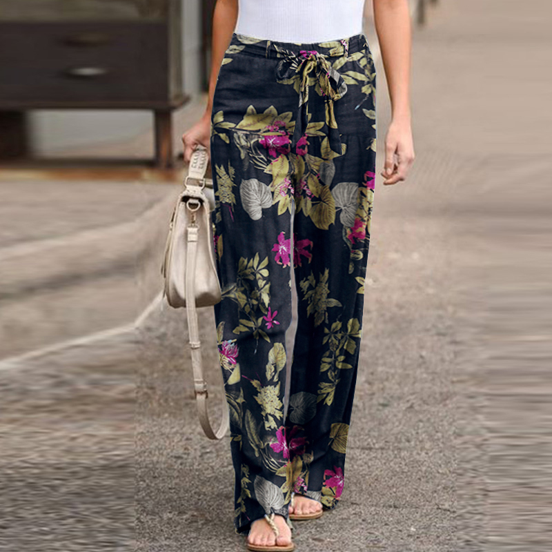 Vintage Women Drawstring Trousers Spring Autumn Fashion Floral Printed Wide Leg Pants Ladies Casual Loose Long Pantalones 220325