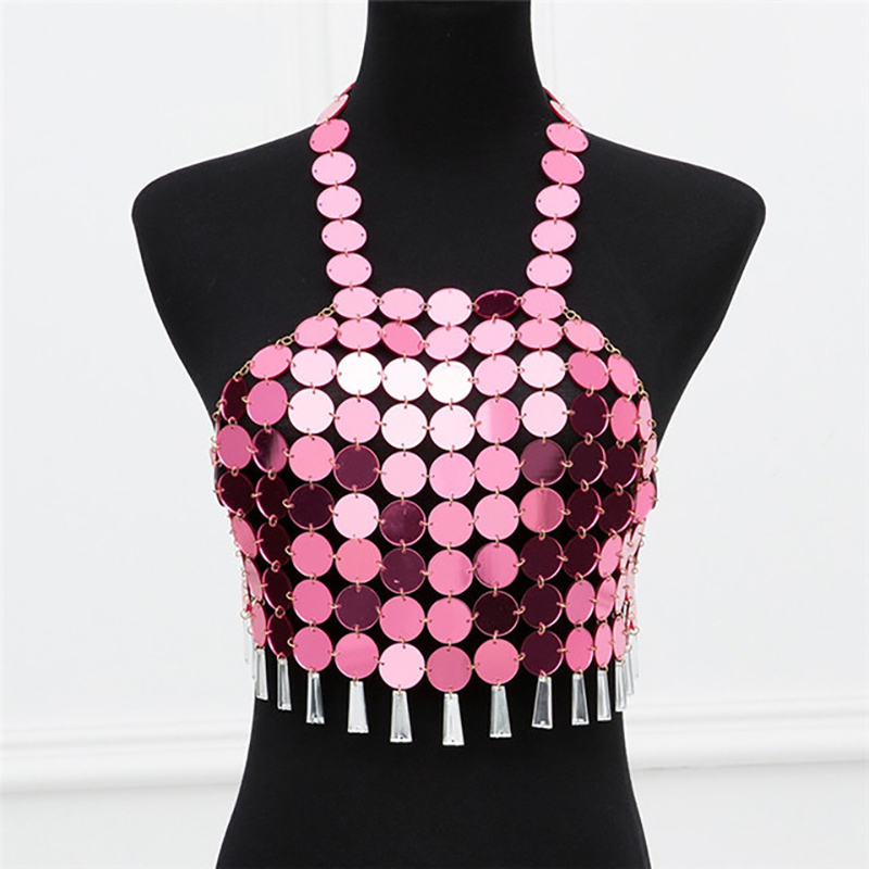 Halter Sleeveless Sequins Backless Top Camis Solid Geometric Circle Patchwork Fringe Hollow Out Cropped Party Camisole 220325