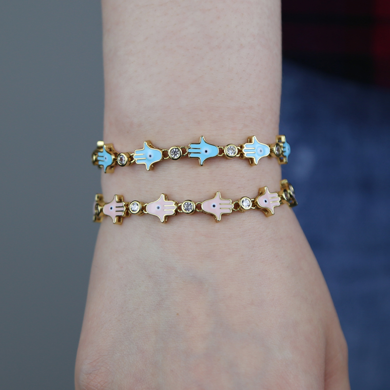 New Arrived Blue Pink Enamel Hamsa Hand Charm Connector Jewelry Gold Color Micro Pave Clear Cz Station Fatima Hand Bracelet