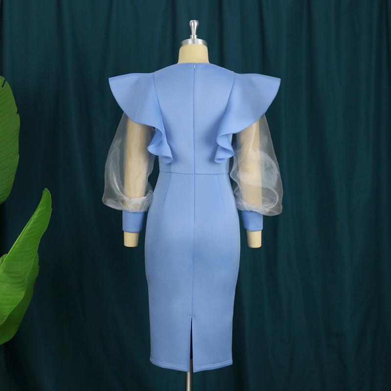 Plus Size Dresses Ruffle Midi Dress Women Bodycon O Neck Long Tulle Sleeve Patchwork Party Elegant Robes For Christmas Evening Going Out
