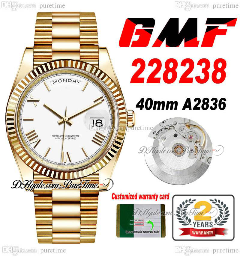 GMF 40 Date 228238 ETA A2836 Automatic Mens Watch 18K Yellow Gold White Roman Dial 904L Steel Case And President Bracelet Watches Super Edition Puretime A1, Customize
GMF 40 Date 228238 ETA A2836 Automatic Mens Watch 18K Yellow Gold White Roman Dial 904L Steel Case And President Bracelet Watches Super Edition Puretime A1, Customize