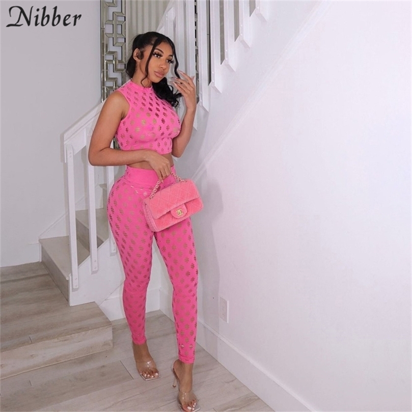Nibber Fashion Mesh Sexy 2 Two Piece Set Women Sleeveless Crop top And skinny pants Summer Club Party Vacation Outfits 220602