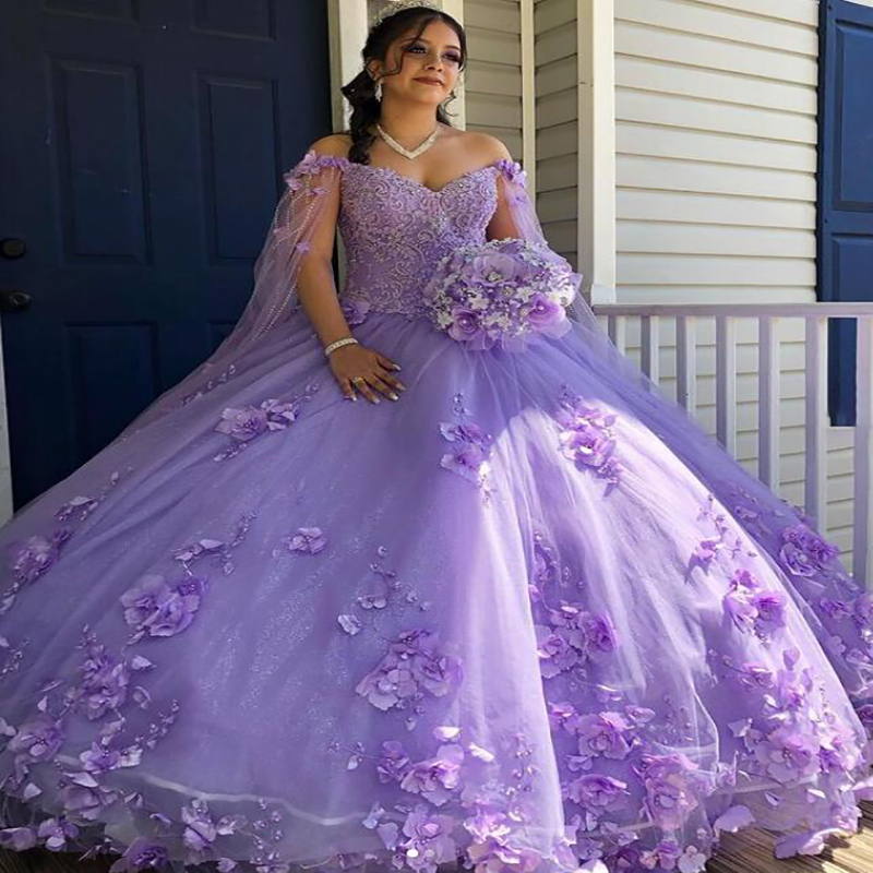 Light Blue Lavender Quinceanera Dresses Princess 2022 With Sleeves Beaded Florals Dubai Ball Gown Prom Dress Princess Birthday 15 Party Gowns Sweet 16
