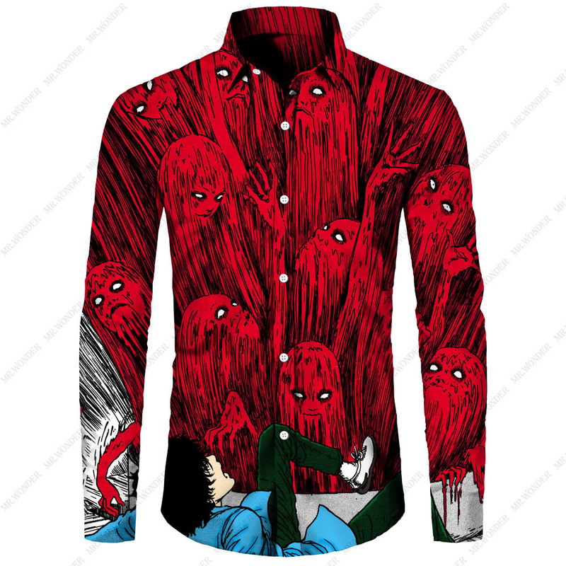 Mr.Wonder Novelty 3D Men's Horror Anime Manga Shirt Cool s Casual Button Down Beach Long Sleeve Hawaiian Tops 220322