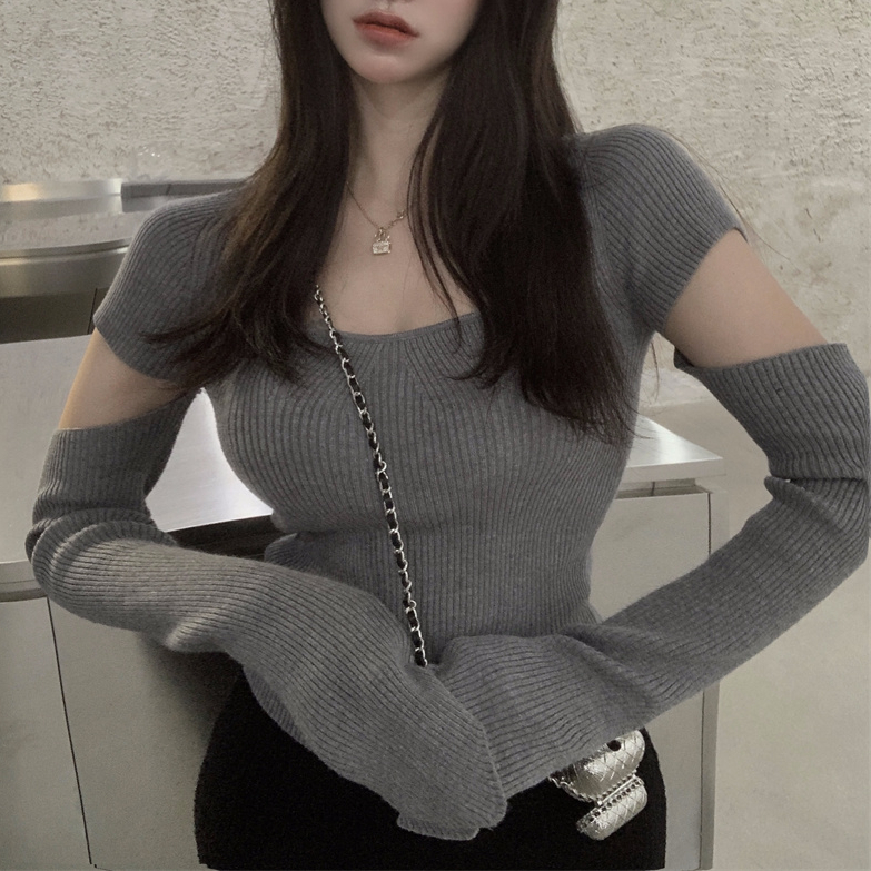 Y2k Knitted T-shirt Women's Fall/winter Square Neckline, Black Tight-fitting Hollow Out Short, Inner Sweater Tops 220321
