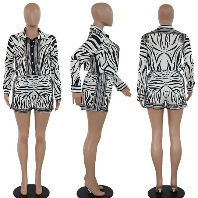 Womens Tracksuits Two Piece Outfits Print Zebra Stripe Long Sleeve Button Shirts + Pocket Shorts 2 Piece Set Women Casual Clothes S-2XL