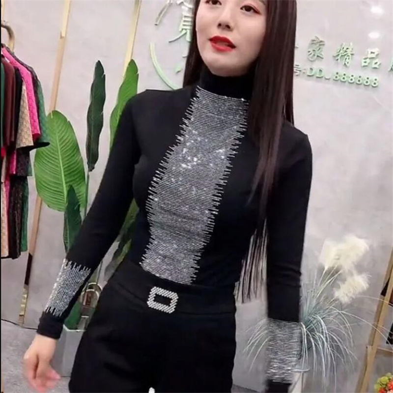 drill Half high collar T-shirt Women's Bottoming Tee Winter Plus velvet Warm Pullover Base Tops Sexy Female Diamond Tshirt 220321