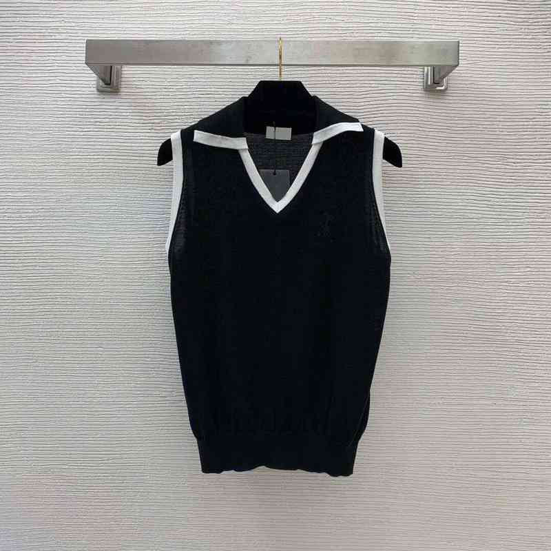 Women's Tanks & Camis New summer cool breathable thin fine yarn fabric chest embroidery contrast polo collar sweater
