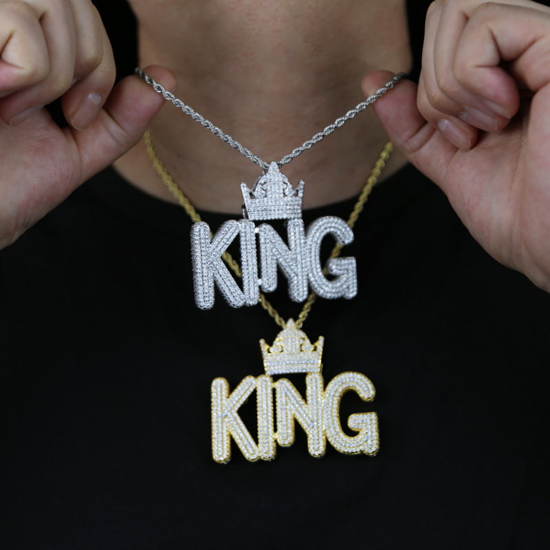 Men's Iced Out Bg Hip Hop Crown Shape King Letters Pendant Necklace with Rope Chain