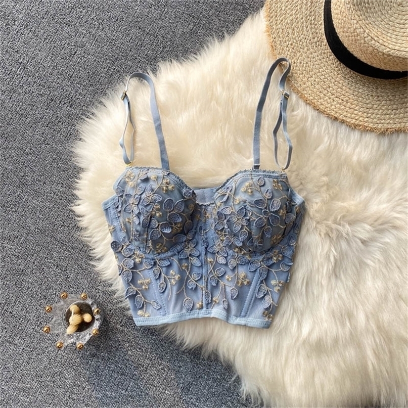 French Romance Floral Embroidery Bustier Corset Top Women Summer Ultrathin Push up Bra Adjustable Strap Cami Tank 220325