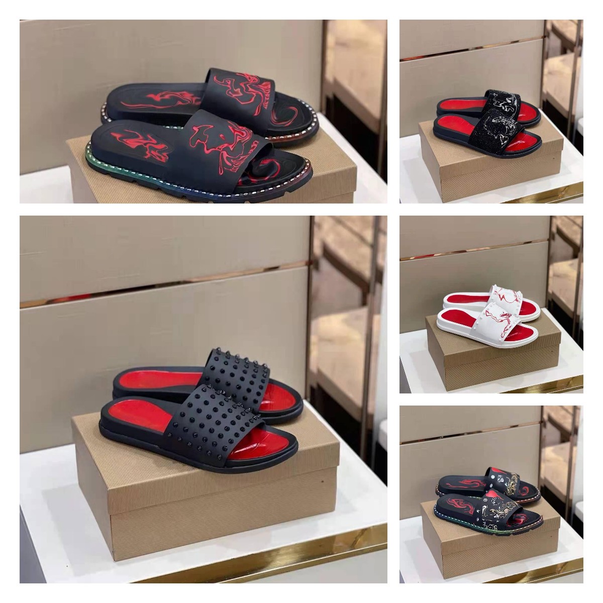 Designers Red Bottom Slippers Studs Rivet Suede Sandals Mens Women Printed Slides Flat Shoes Summer Flip Flop Laser Outdoor Striped Sandal
Designers Red Bottom Slippers Studs Rivet Suede Sandals Mens Women Printed Slides Flat Shoes Summer Flip Flop Laser Outdoor Striped Sandal