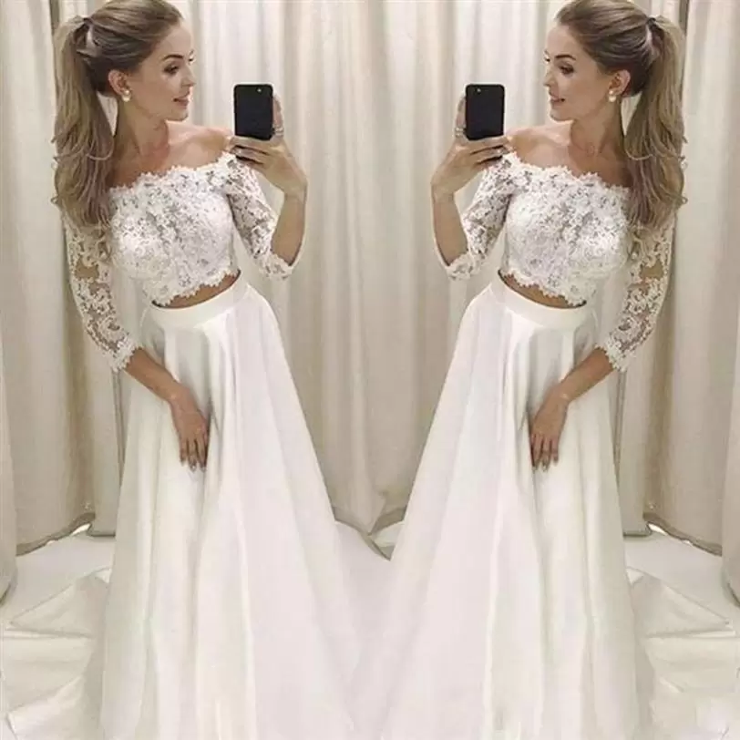 2022 Boho Beach Wedding Dresses Bridal Gown Two Piece Ruched Pleats Sweep Train Satin Off the Shoulder 3/4 Long Sleeves Custom Made Plus Size vestidos de novia, White
2022 Boho Beach Wedding Dresses Bridal Gown Two Piece Ruched Pleats Sweep Train Satin Off the Shoulder 3/4 Long Sleeves Custom Made Plus Size vestidos de novia, White