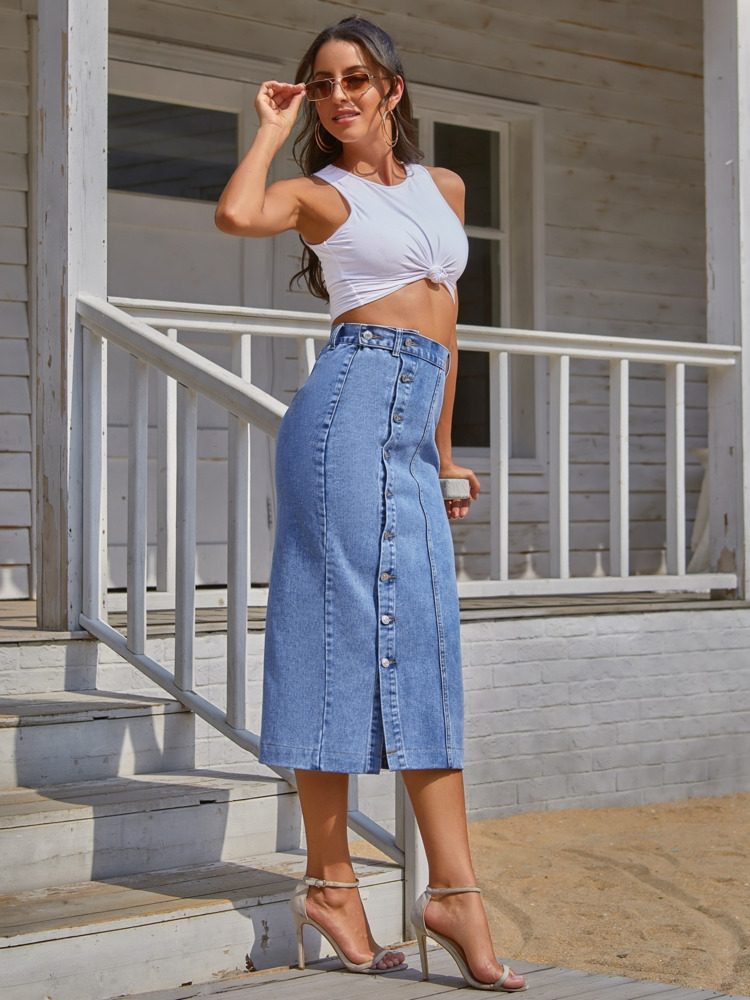 DGIRL Button Front Longline Denim Skirt Retro Long Summer Skirts Girls High Waist Split Jeans Straight Maxi 220317