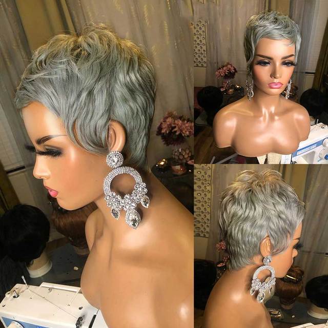 Silver Grey Pixie Short Cut Bob Wig 100% Human Hair Wigs For Women Jewelry Blue Wavy Wigs Full Machine Made Glueless