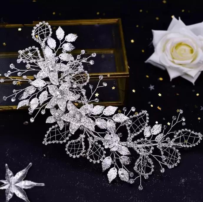 Headpieces Bridal Wedding Diamond Tiara Hollowed Out Leaves Handmade crystal bride hair band Exquisite elegant wedding dress accessories Manual Rhines