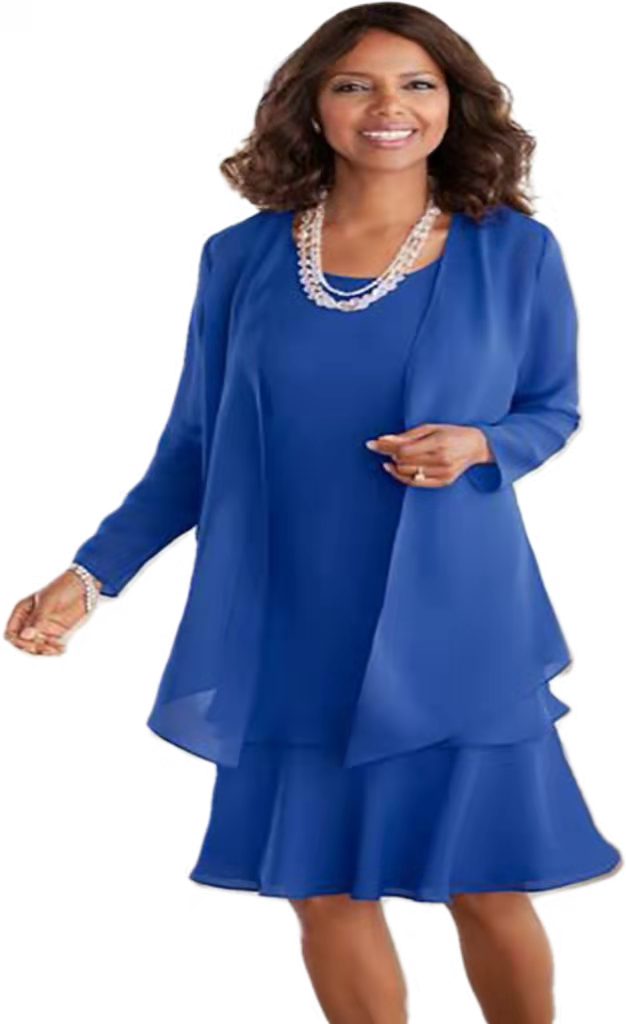 Stylish Blue Mother Of The Bride Dress With Jackets O Neck Knee Length Chiffon Wedding Guest Party Dresses 2022 Formal Party Skirt Long Sleeve Groom M