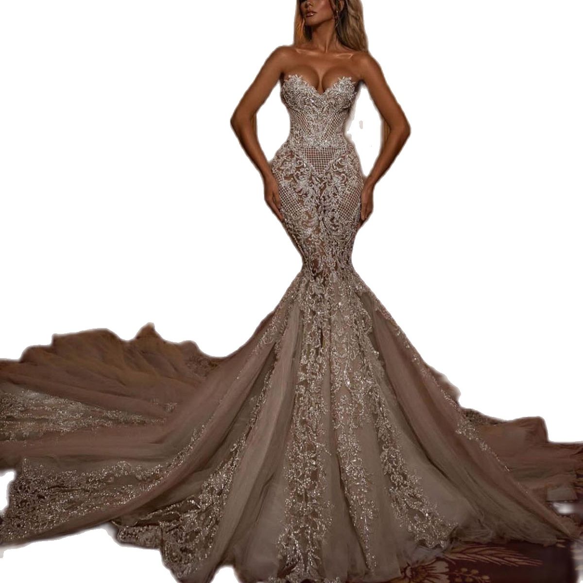 Exquisite Strapless Mermaid Wedding Dress Sweetheart Sequined Lace Arabic Sweep or Trumpet Bridal Gowns Robe De Soiree