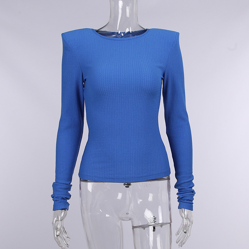 CNYISHE Elegant Shoulder Pads Knitted Casual T-shirt Autumn O Neck Elastic Stretchy Tees Tops Slim Fitted Shirt Woman Tee 220328