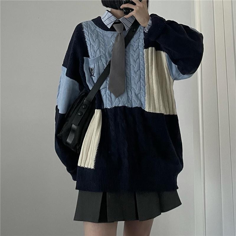 Women' Sweaters Deeptown Korean Style Oversize Blue Sweater Women Preppy School Girl Pullover Brown Knitted Jumper Patchwork Harajuku TopsW
Women' Sweaters Deeptown Korean Style Oversize Blue Sweater Women Preppy School Girl Pullover Brown Knitted Jumper Patchwork Harajuku TopsW