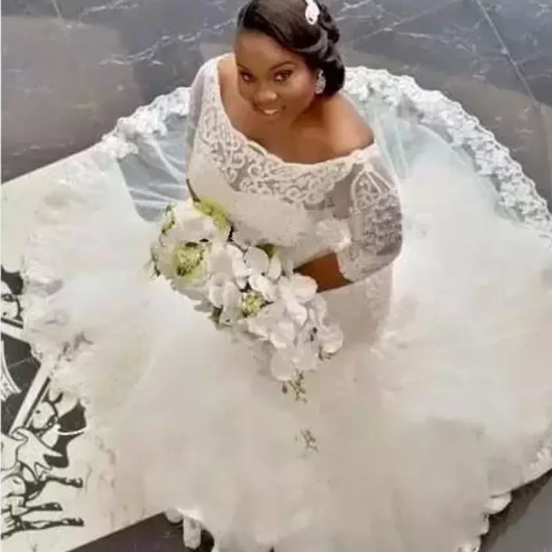 Mermaid African Wedding Dresses Bridal Gown Scoop Neck Long Sleeves Lace Applique Beaded Custom Made Sweep Train Plus Size Vestido De Novia