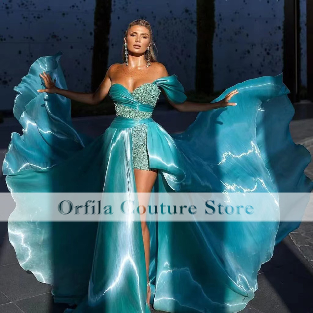 Organza Ruffles Beads Evening Dresses 2022 Off Shoulder Lake Blue Women Prom Party Gowns Celebrity Carpet Dress