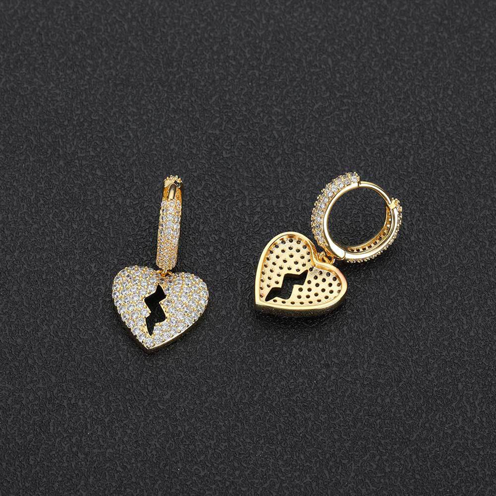 Hip Hop Heartbreak Dangle Earrings Bling White Zircon Hoop Earrings 18K Real Gold Plated Jewelry