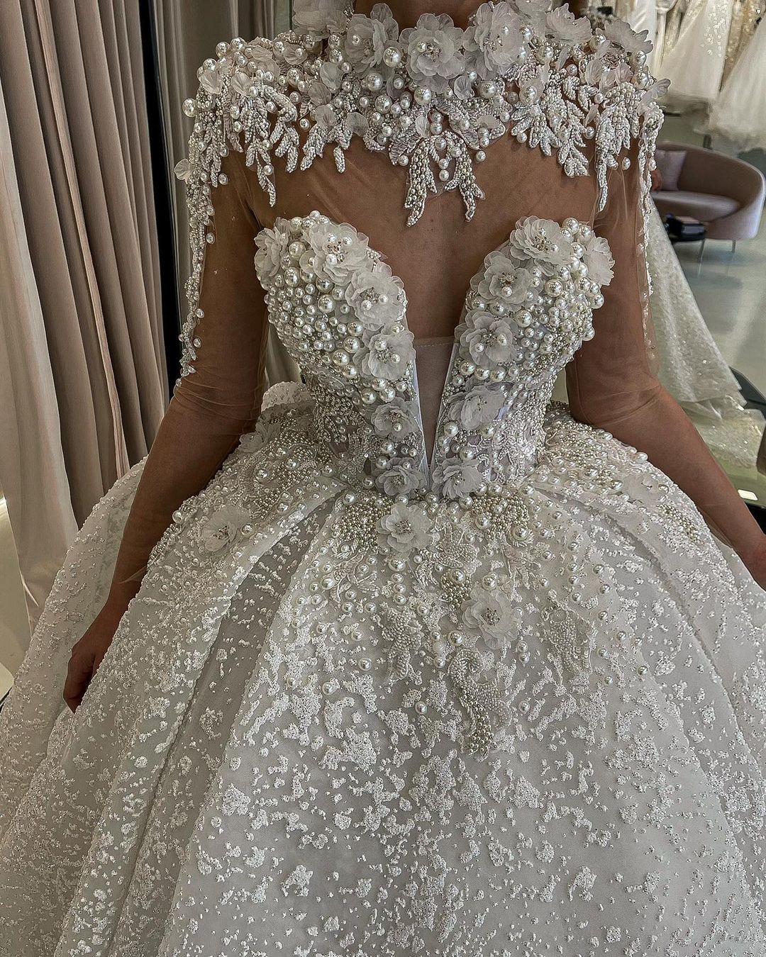 2022 Plus Size Arabic Aso Ebi Luxurious Lace Beaded Wedding Dress Sheer Neck Ball Gown Bridal Gowns Dresses ZJ202