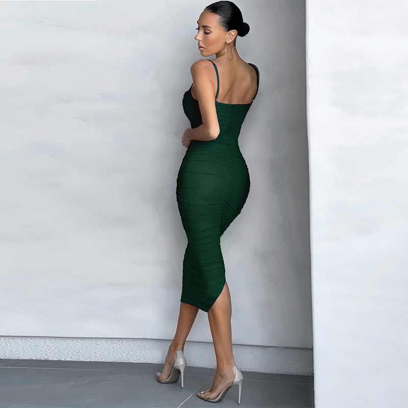Mesh Draped Bandage Dress Arrival Midi Bandage Dress Bodycon Women Summer Green Sexy Party Dress Evening Club Outfits 220507
