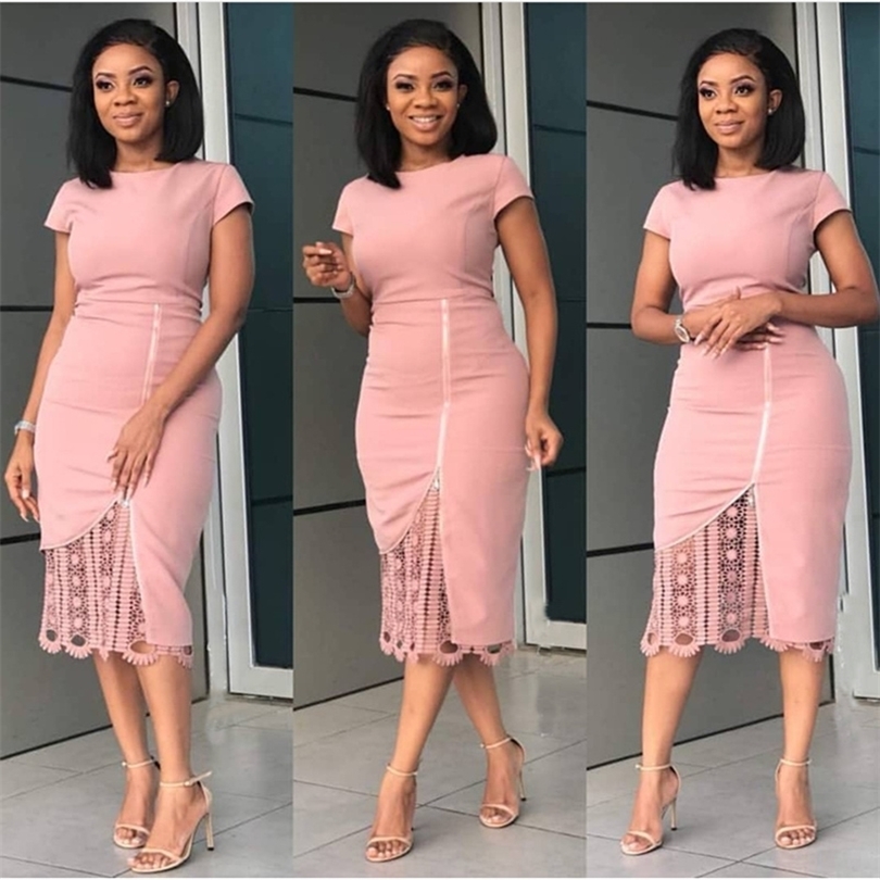 HGTE Women Elegant Dress Summer Short Sleeve O Neck Knee Length Shift Dresses OL Style Work Dress Boutonniere lace dress T200319