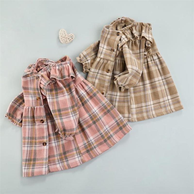 Girl's Dresses Girls Dress 9M-3Y Autumn Winter Plaid Square-Neck Skirt Kids Clothes Elegant Button-Open For Year 2022, Pink